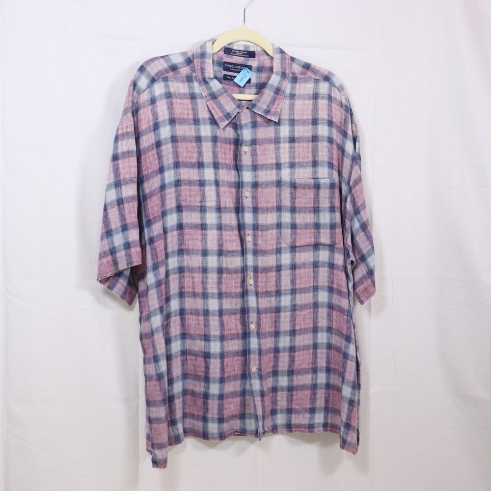 Daniel Cremieux Button Up Shirt XXL Pink Mens Linen Plaid Short Sleeve